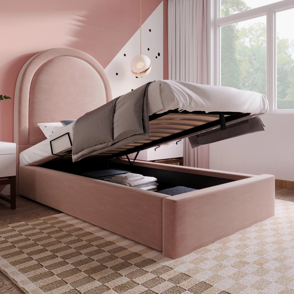 Letto bambino imbottito – 90x200 cm – con materasso – velluto rosa