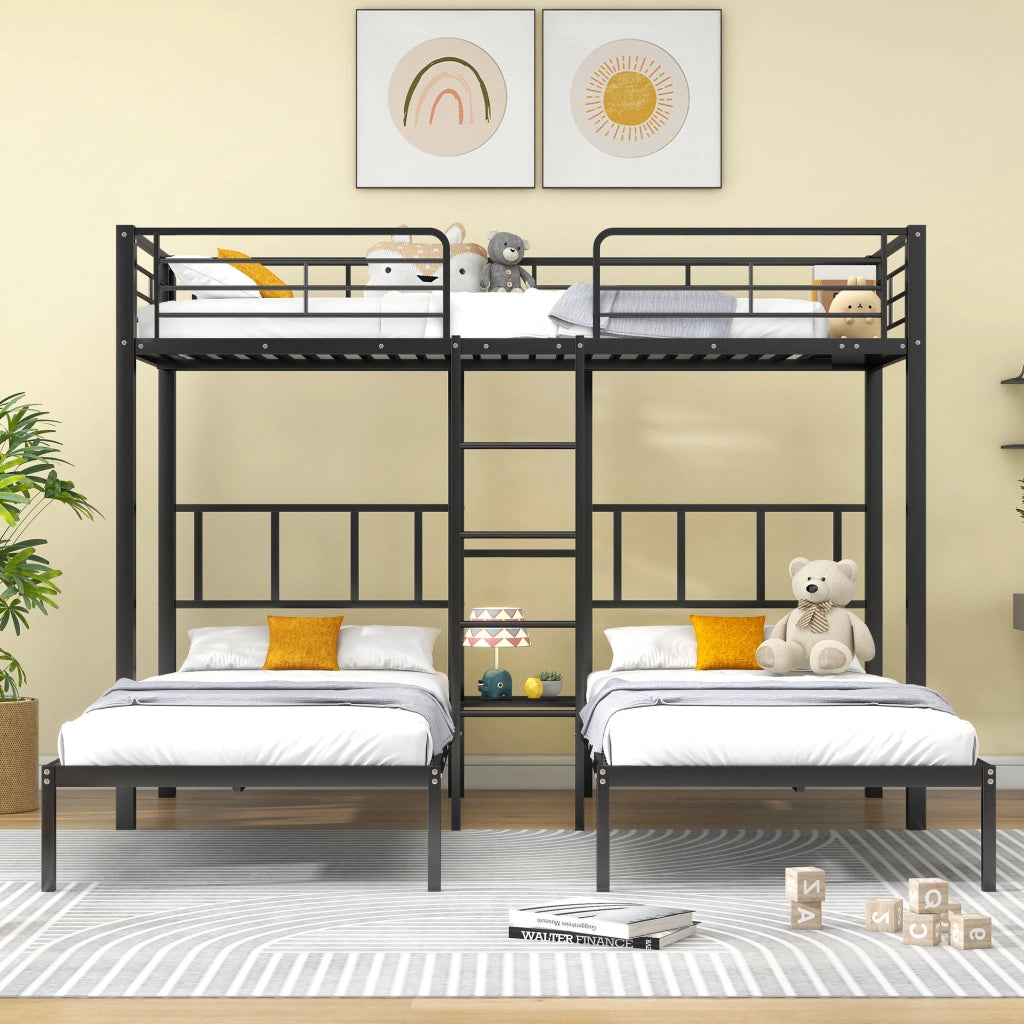 Letto a castello triplo funzione tavolo metallo nero 90x200 cm