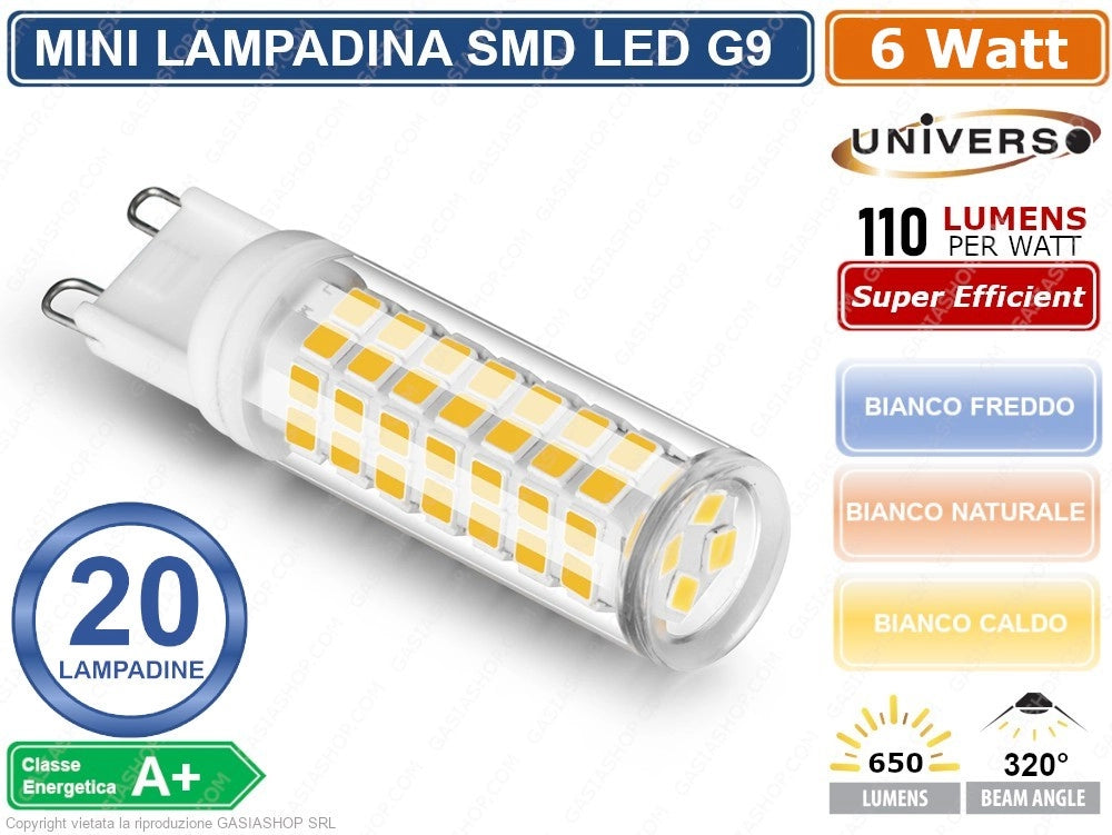 CONFEZIONE 20 MINI LAMPADINA CORN TUBOLARE LED SMD 2835 G9 6W WATT 680 LUMEN - Colore Luce:Bianco Naturale