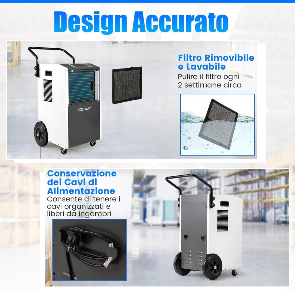 Deumidificatore Casa, Deumidificatore Elettrico con Tubo di Scarico e Timer, Deumidificatore Portatile con Ruote per Cantina, Magazzino, Fabbrica e Grandi Spazi fino a 695 m³ (Bianco)