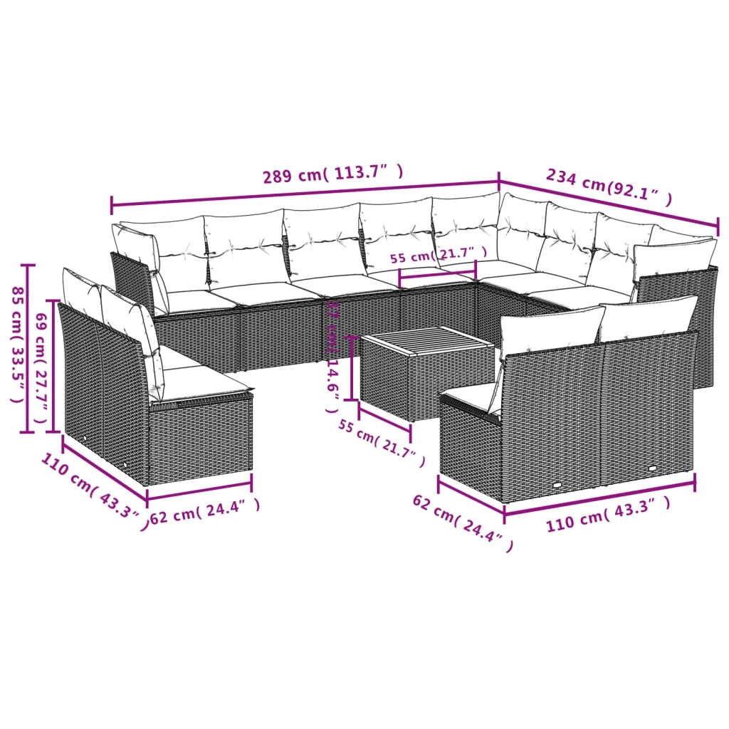 Set Divani da Giardino 13pz con Cuscini Nero in Polyrattan 3256258