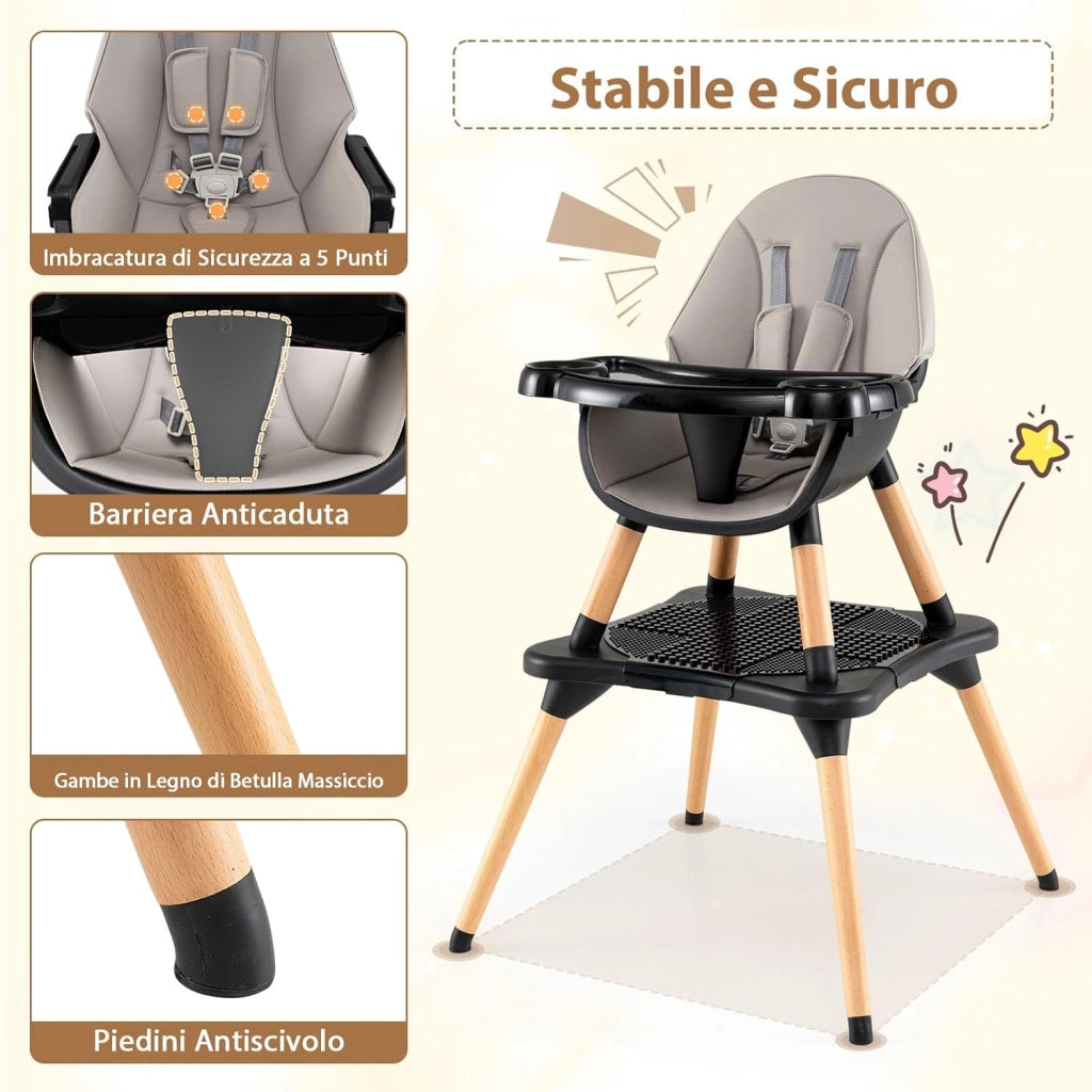 6-in-1 Seggiolone per Neonati, Seggiolone Prima Pappa, Tavolo e Sedia Convertibile per Bambini, Imbracatura di Sicurezza, Vassoio Rimovibile, per Bambini 6-36 Mesi (Grigio+Nero)