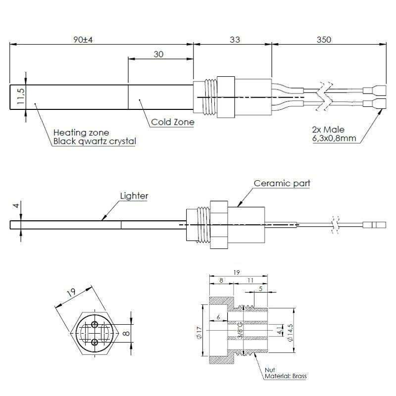 PS13-230-400  Resistenza accensione per stufe a pellet in cristalli di quarzo nero, con raccordo filettato 3/8" GAS.