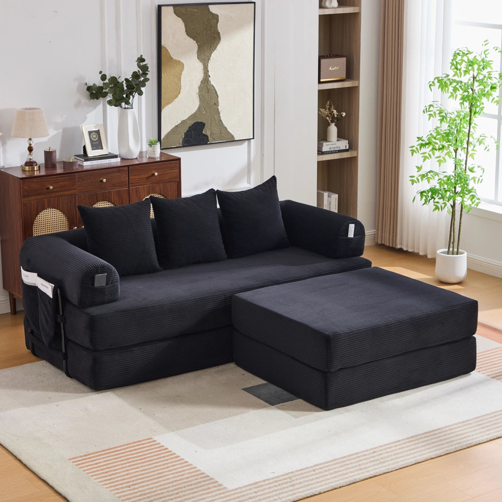 Divano Modulare con Pouf ¨C MINIMAL ¨C Tessuto a Coste, Cuscini, Nero