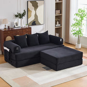 Divano Modulare con Pouf ¨C MINIMAL ¨C Tessuto a Coste, Cuscini, Nero