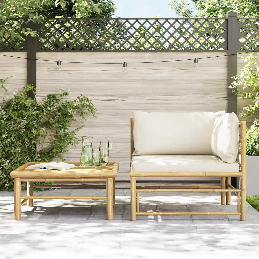 Set Divani da Giardino 2 pz con Cuscini Bianco Crema in Bambù 313144