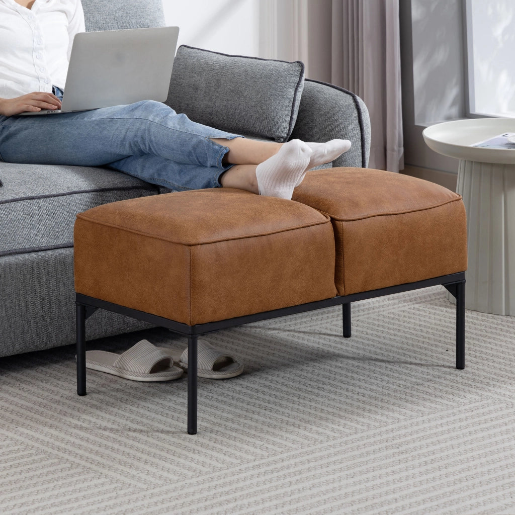 Pouf Moderno in Similpelle con Seduta Imbottita e Gambe in Acciaio ¨C Zephmum ¨C Marrone 80x40x46 cm