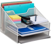 Organizzatore di scrivania con lettore di pensieri, scomparto verticale per documenti, contenitori per carta, ufficio, rete metallica, 31,5 cm L x 29,5 cm P x 24 cm A