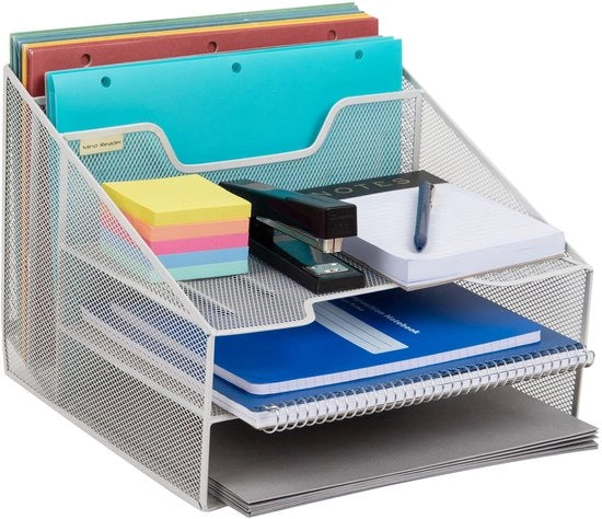 Organizzatore di scrivania con lettore di pensieri, scomparto verticale per documenti, contenitori per carta, ufficio, rete metallica, 31,5 cm L x 29,5 cm P x 24 cm A
