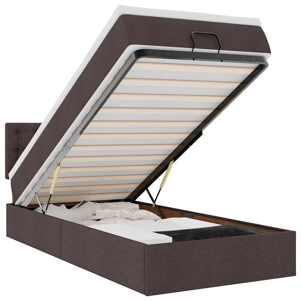 Pouf Letto con Materasso e LED Marrone Scuro 90x200 cm Tessuto