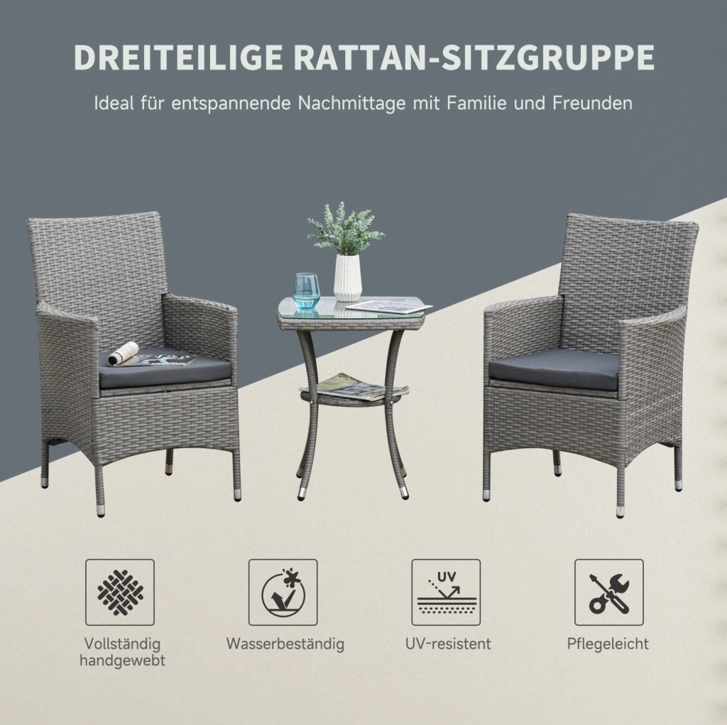 Set 3 pezzi con 2 lettini prendisole e tavolino; grigio; in metallo e polyrattan