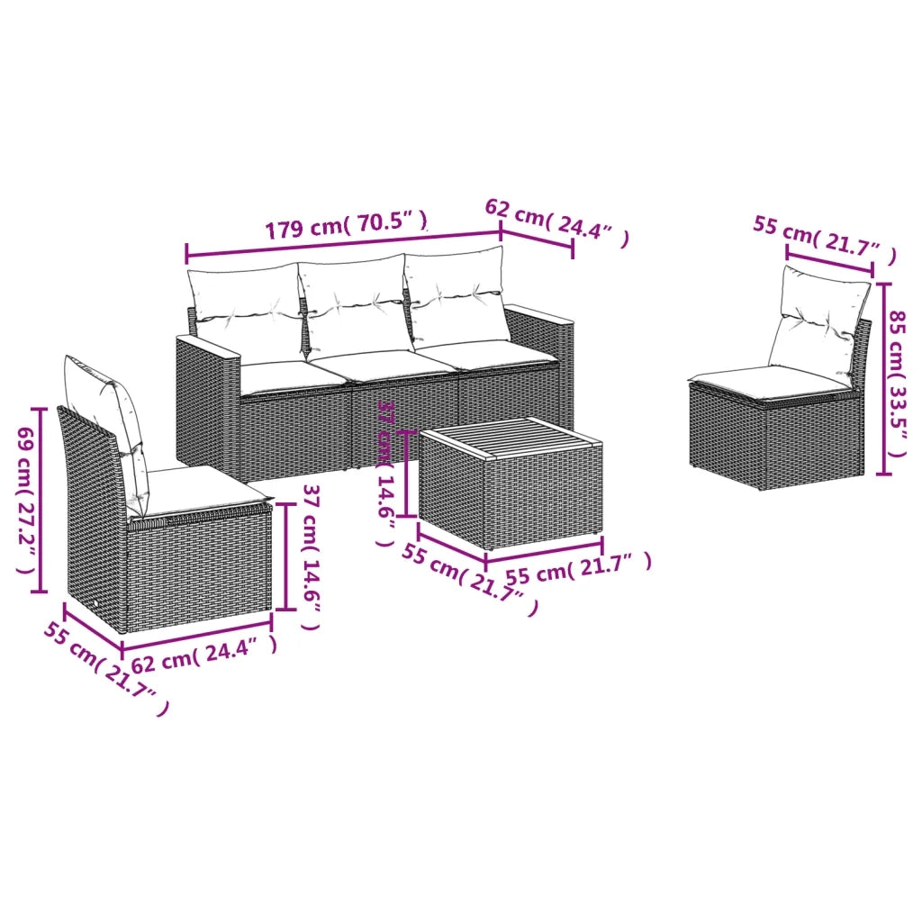 Set Divano da Giardino 6 pz con Cuscini-Sofa da Giardino-Divanetto da esterno Beige in Polyrattan 205079