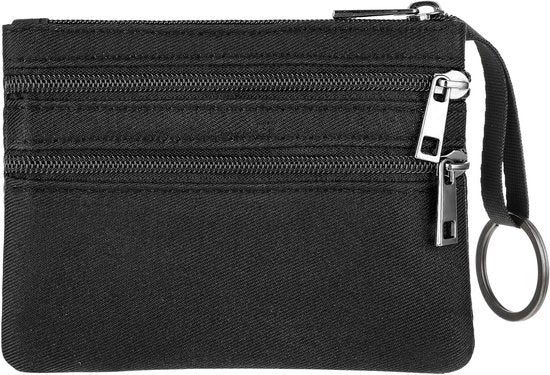 Portafoglio mini con chiusura a cerniera e anello per le chiavi, borsa portamonedì trasportabile per signori e signore - Nero - Portafoglio con custodia per carta di credito e tessera di riconoscimento.