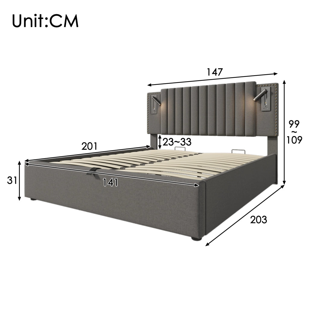 Letto matrimoniale – 140x200 cm – luce USB borchie rete – cotone grigio