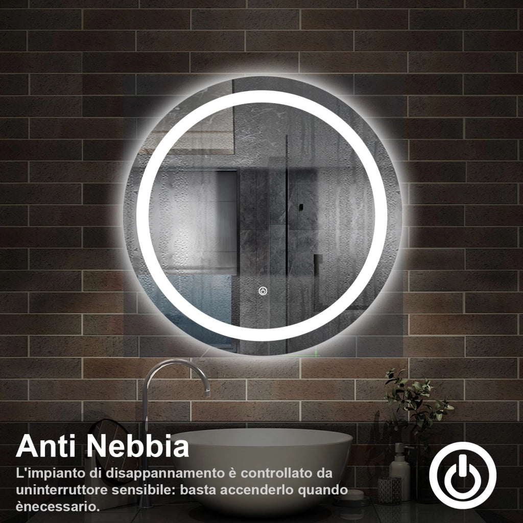 specchio 60 cm rotondo con luce led antiappannamento e touch