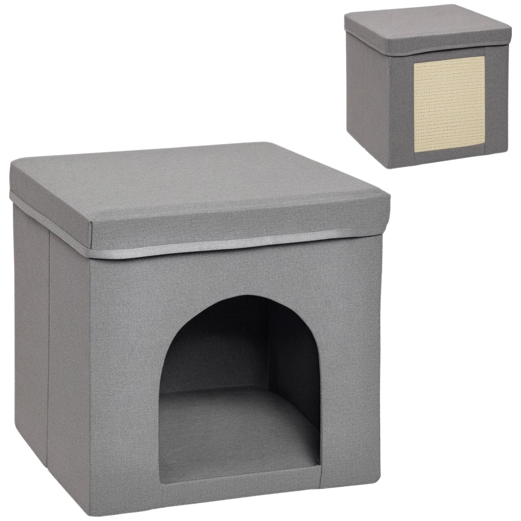 Casetta per Gatti Pieghevole a Cubo con Cuscino e Tappetino Tiragraffi. 36.5x36.5x36.5 cm. Grigio