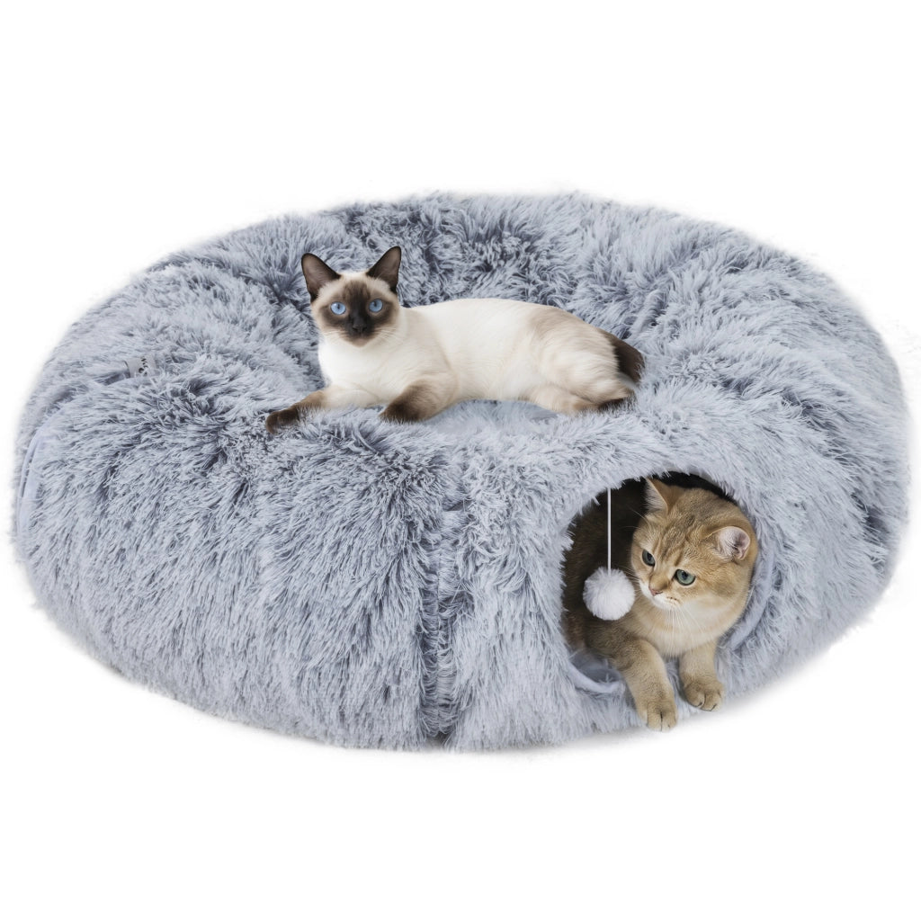 Tunnel per Gatti con Cuccia Donut e Cuscino Rotondo Lavabile ¨C Xylo ¨C 90x80x27cm Grigio Chiaro
