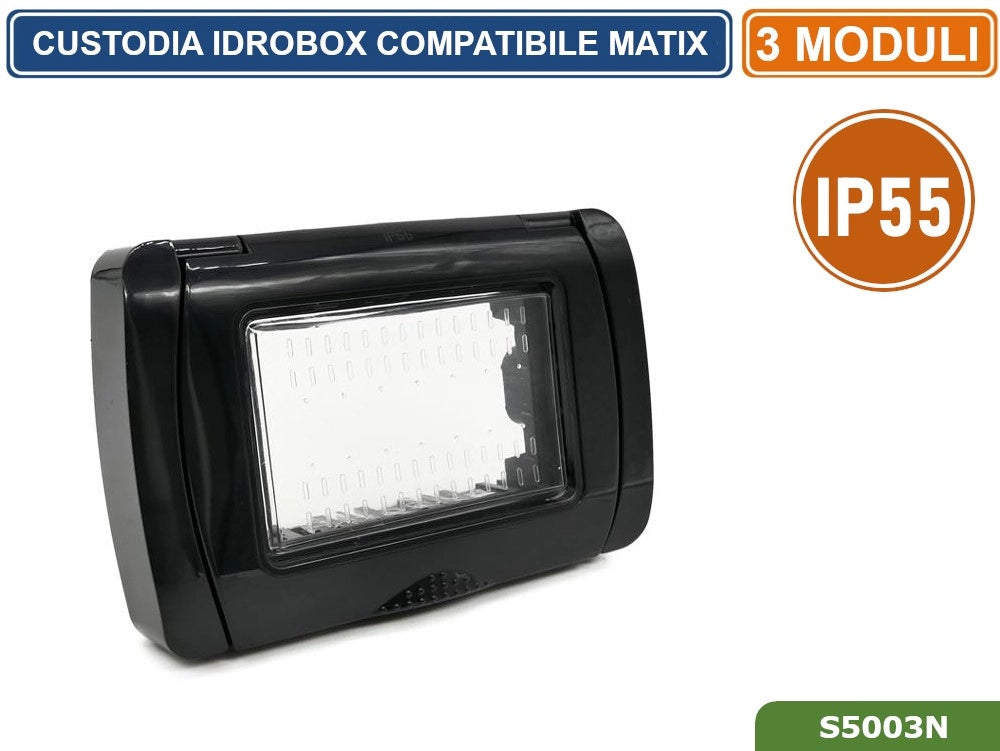 PLACCA COPERTURA STAGNA 3M  IDROBOX 3 MODULI NERA IP55 COMPATIBILE SERIE BTICINO MATIX