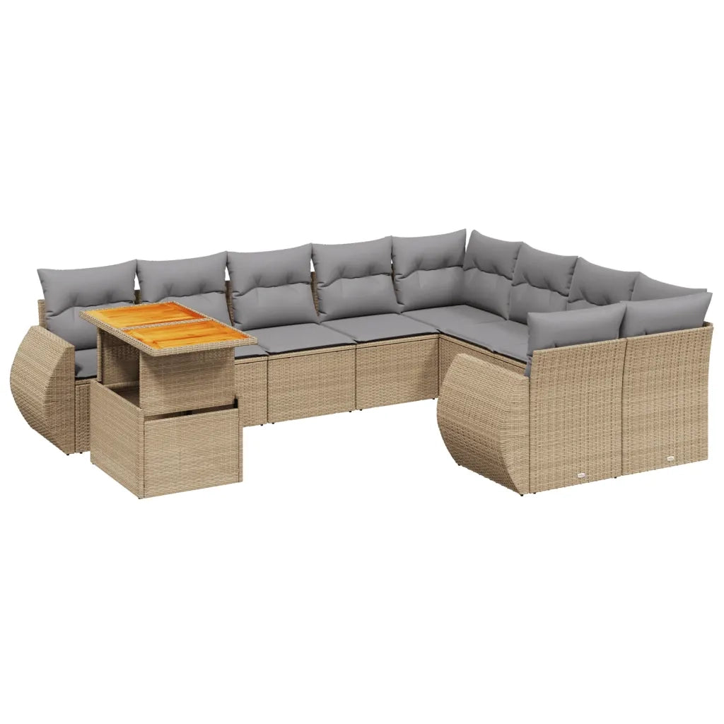 Set Divano da Giardino 10 pz con Cuscini Beige in Polyrattan