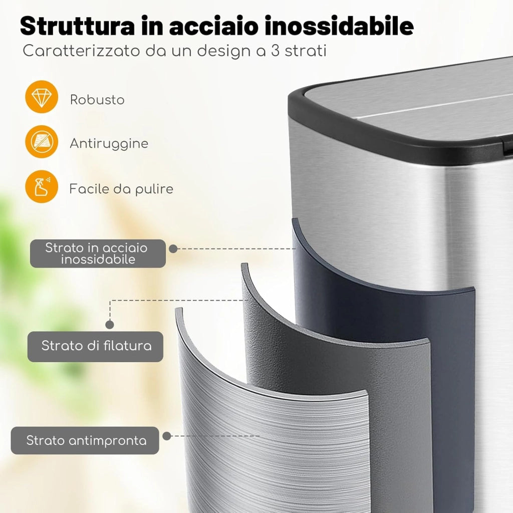 Bidone per Rifiuti in Acciaio Inox 46L, Cestino per Spazzatura con Ali a Bloccaggio Morbido e Secchio Interno Rimovibile, Bidone della Spazzatura a Pedale per Casa Ufficio