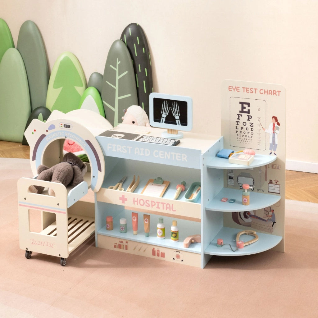 Set gioco dottore per bambini kit ospedale in legno per gioco di ruolo con cartello per vista, Gioco per bambini 3+ anni Blu-Giocattoli educativi