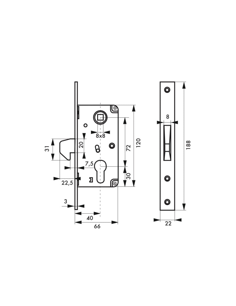 Serratura a gancio per cilindro, asse 40 mm, interasse 72 mm – THIRARD