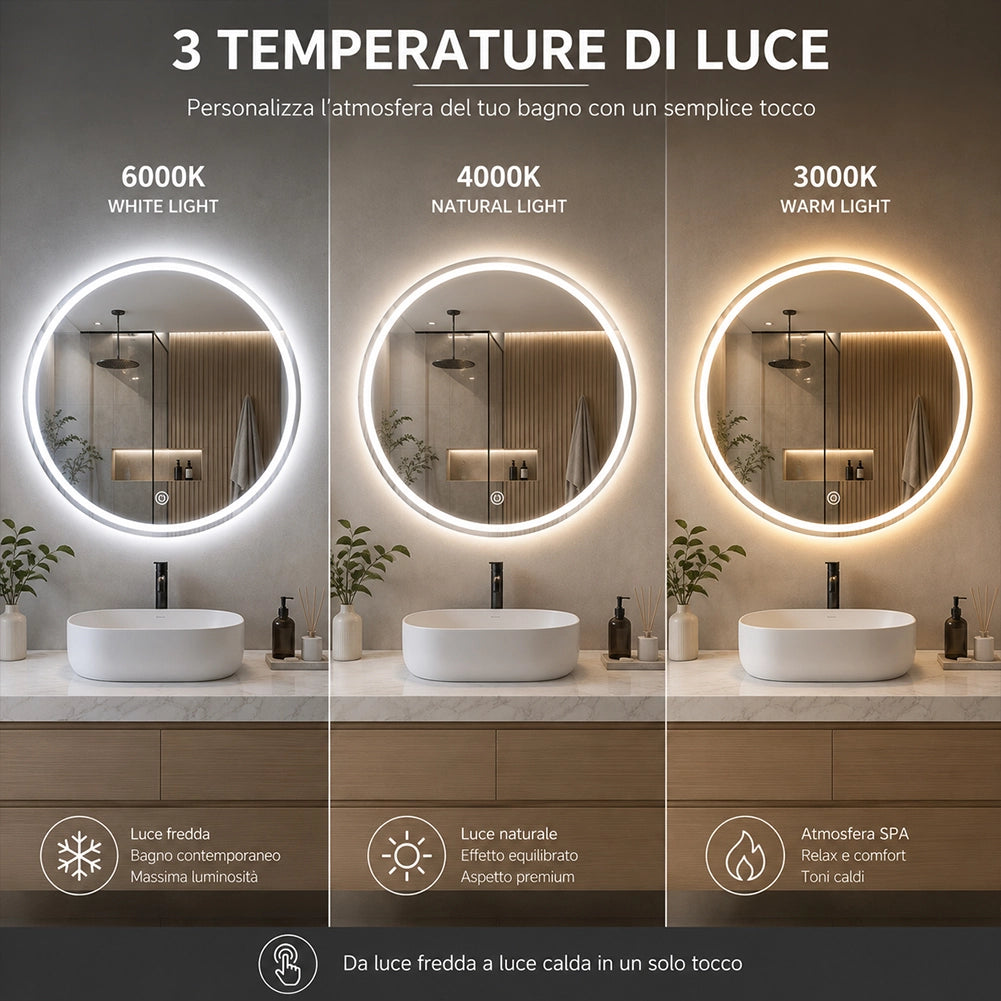 Specchio Tondo Diametro 60 cm con Led a 3 Colori Dimmerabile Accensione Touch