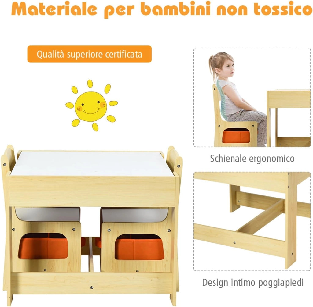 Tavolino Bambini 3 in 1, Set Tavolo e Sedie per Bambini con Lavagna Rimovibile e 2 Sedie con Cestini Portaoggetti, Scrivania Multiuso per Cameretta e Soggiorno (Legno)
