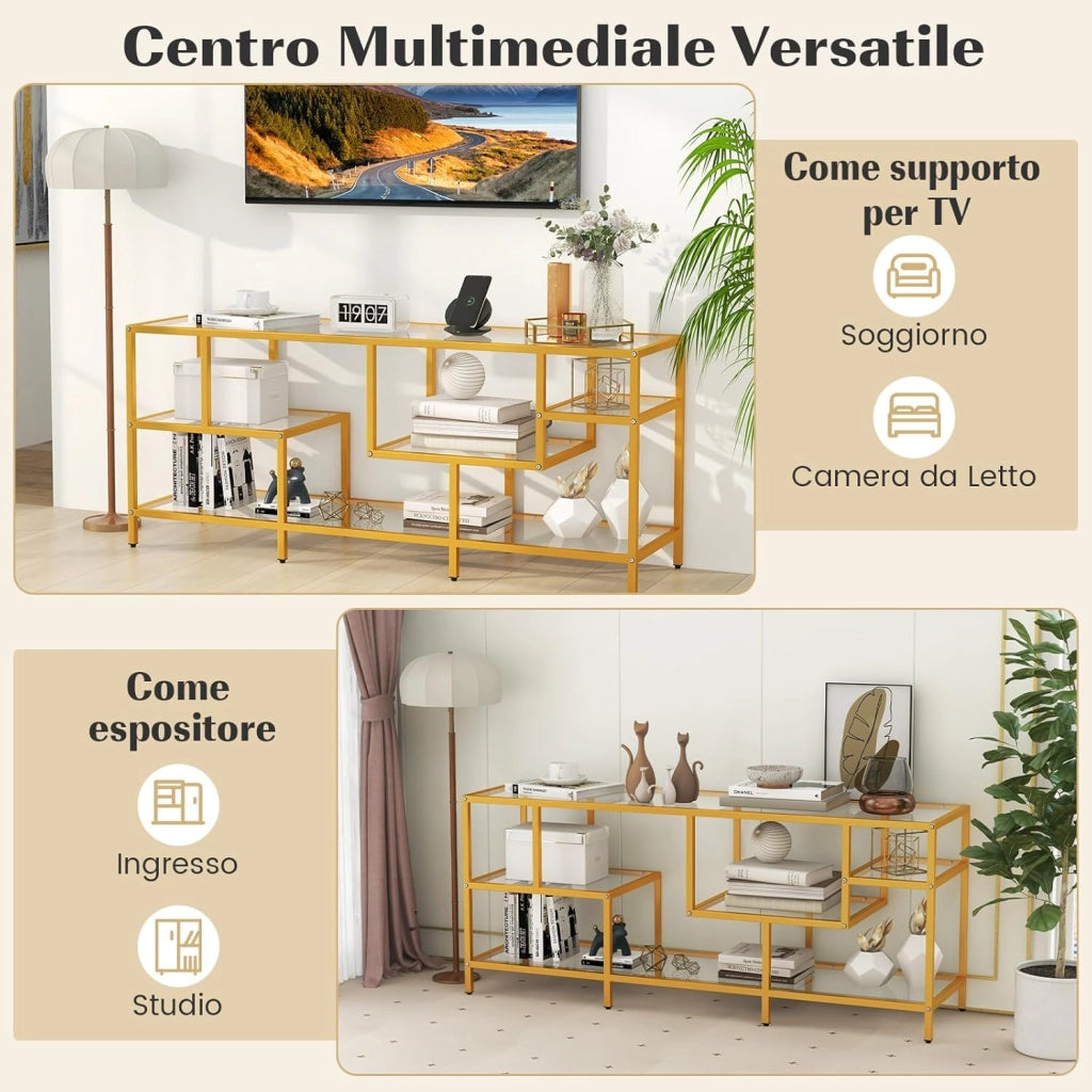 Mobile Porta TV fino a 65’’, Tavolo Consolle TV con Mensole in Vetro Temperato, Mobile TV con Struttura in Metallo, Supporto TV con Struttura in Metallo, per Soggiorno, Camera da Letto
