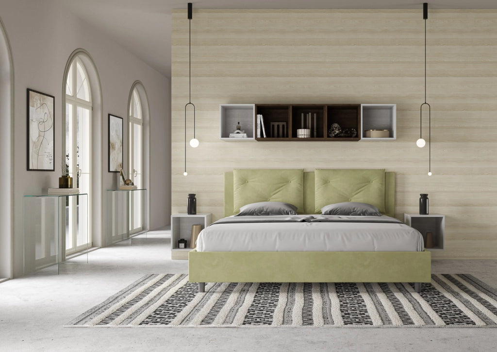 BS COM Letto matrimoniale king size contenitore imbottito 170x190 microfibra tè verde