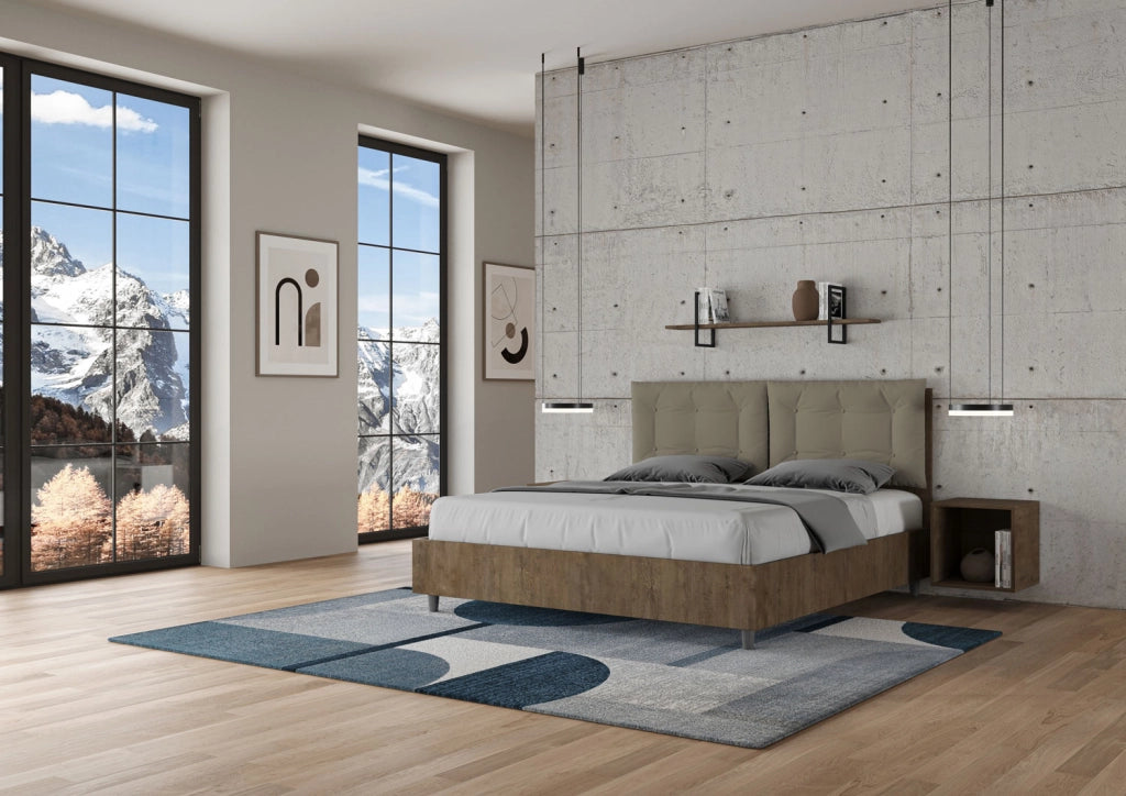 BS COM Letto matrimoniale con rete 160x200 noce cuscini similpelle cappuccino