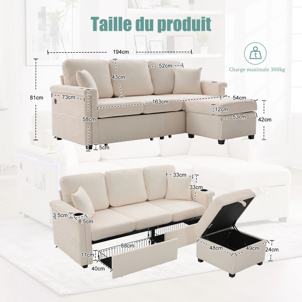 Divano in Velluto con Contenitore, Portabicchieri e LED ¨C MINIMAL ¨C Beige