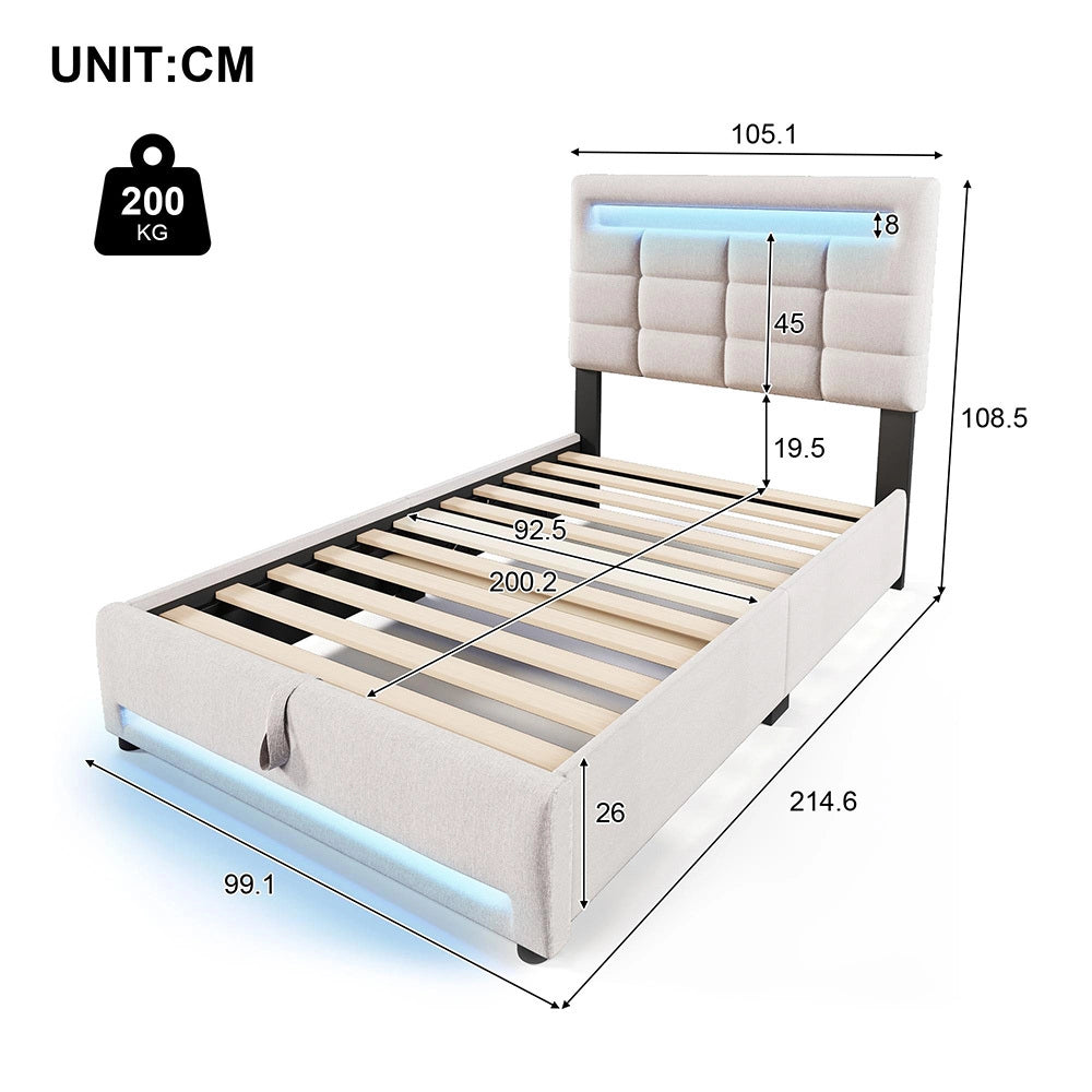Letto imbottito - Xylo - 90x200 cm LED USB app comando beige