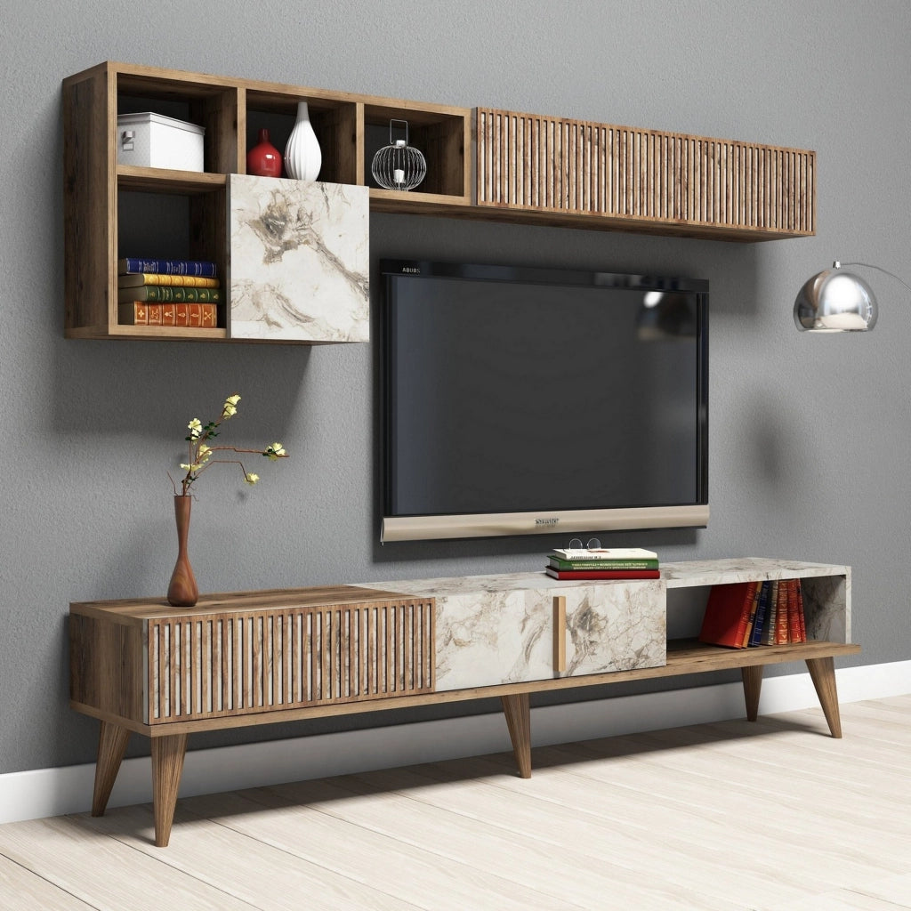 Ollomont, set Mobili da Soggiorno Modulabile, Marrone Noce