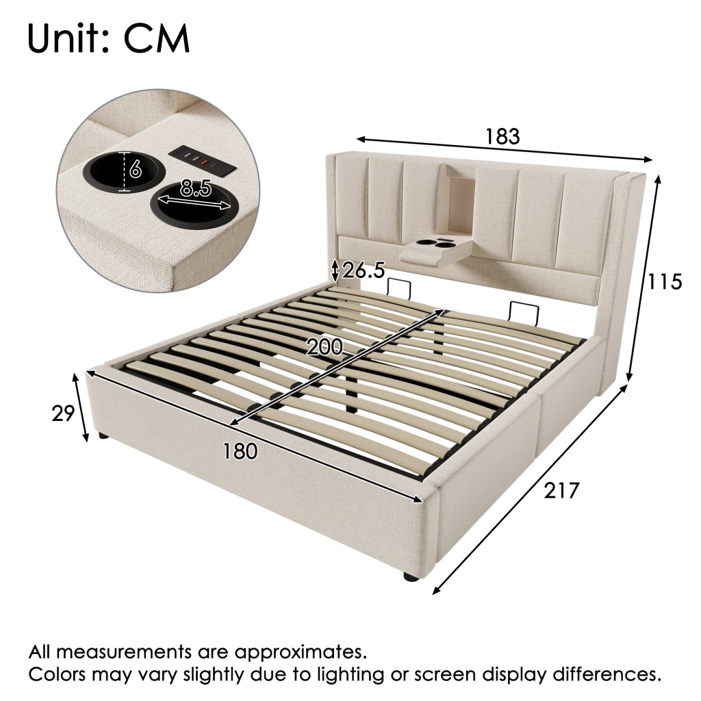 Letto contenitore imbottito 180x200 cm con apertura idraulica, portabicchieri e ricarica, beige