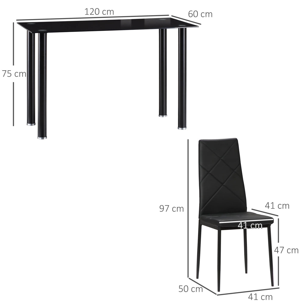 Set Tavolo da Pranzo con Piano in Vetro e 4 Sedie Imbottite in Finta Pelle Nero