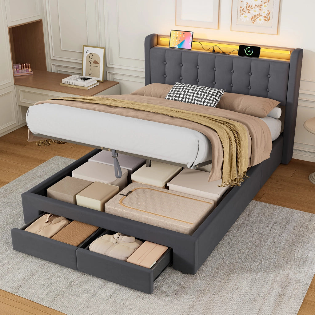 Letto una piazza e mezza imbottito 140 × 200 cm con rete idraulica, LED, USB, testiera, velluto e 2 cassetti
