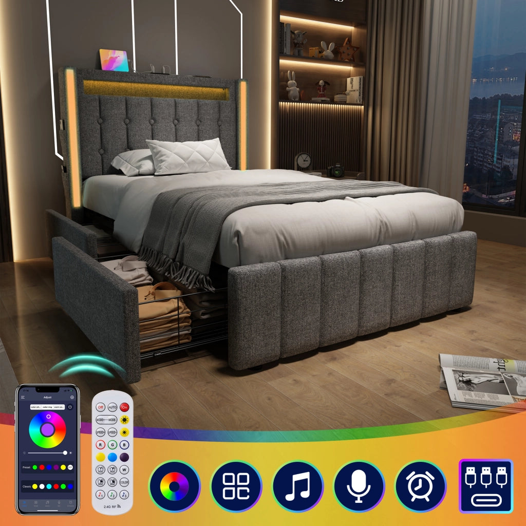 Letto singolo – 90x200 cm – USBC LED 2 cassetti – legno grigio