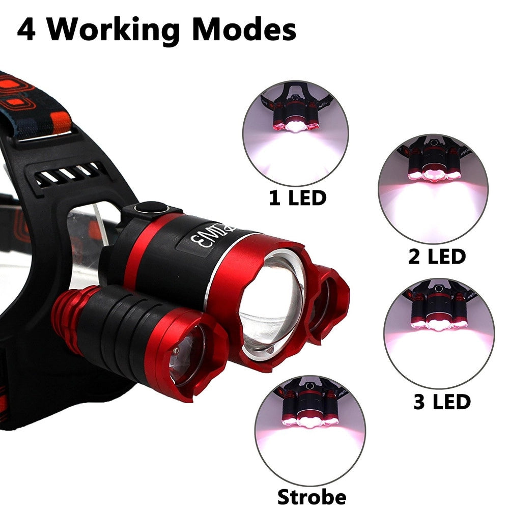 Trade Shop - Lampada Torcia Frontale Led Ricaricabile 3 Led Cree T6 R5 Rj3000 5000 Lumen -