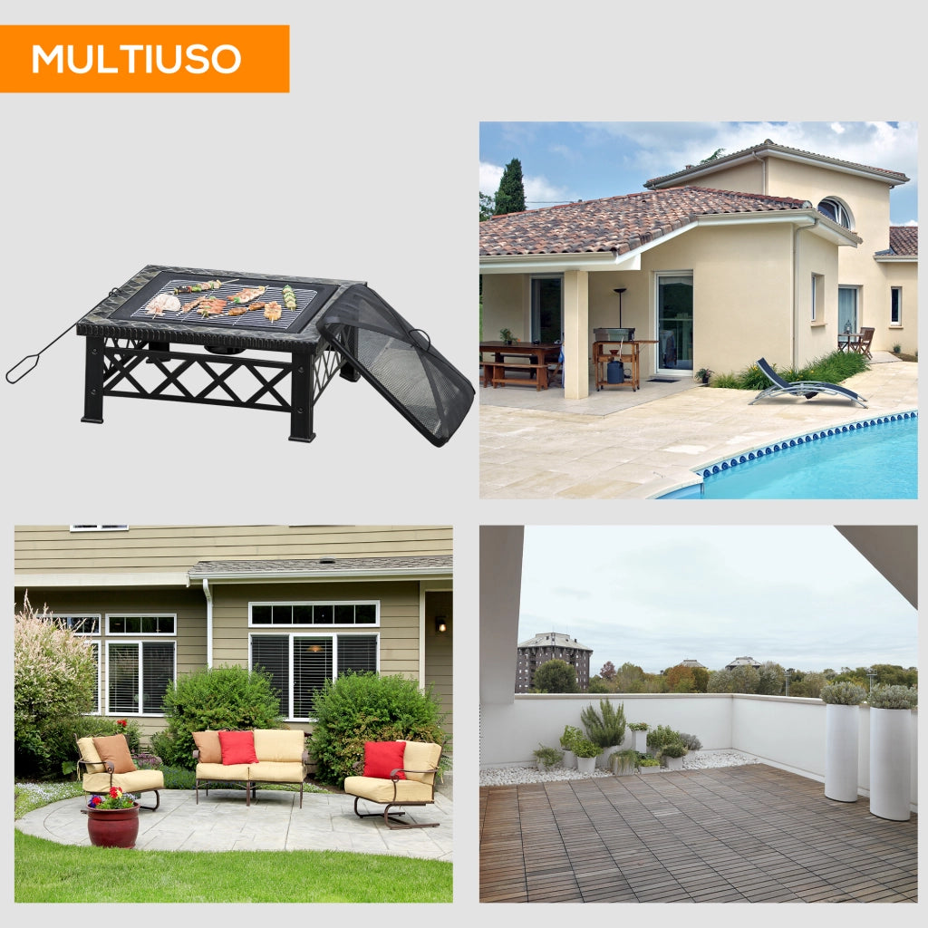 Braciere da Giardino con Griglia e Coperchio ¨C Minimal ¨C Nero 76x76x47cm