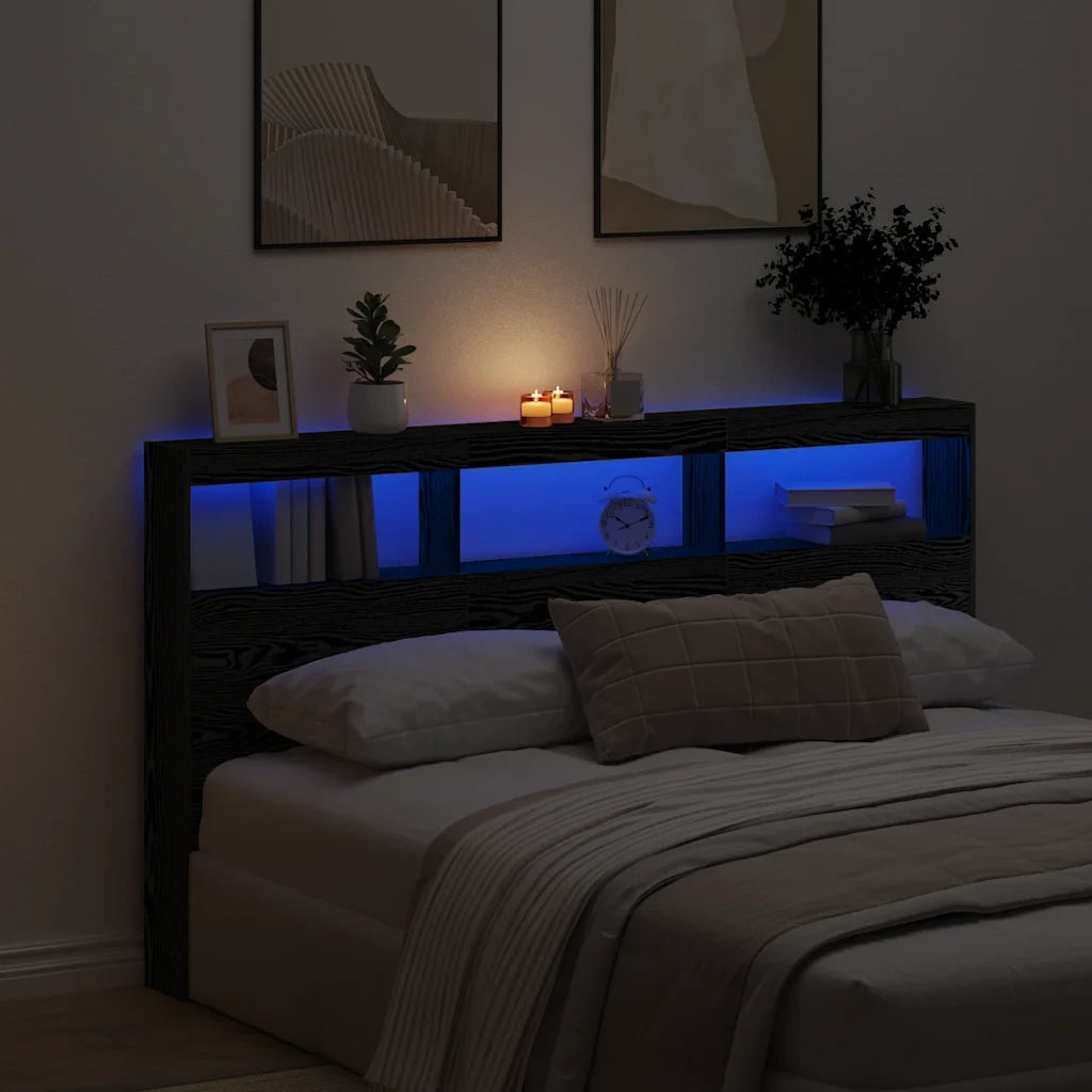 Testiera con Contenitore a LED-Testiera con Ripiani Rovere Nero 180x17x102 cm