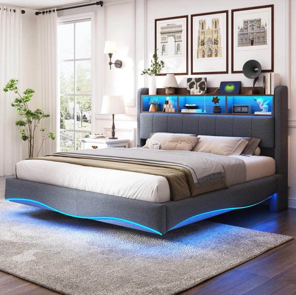 Letto imbottito sospeso 160 x 200 cm con LED, USB e Type-C grigio