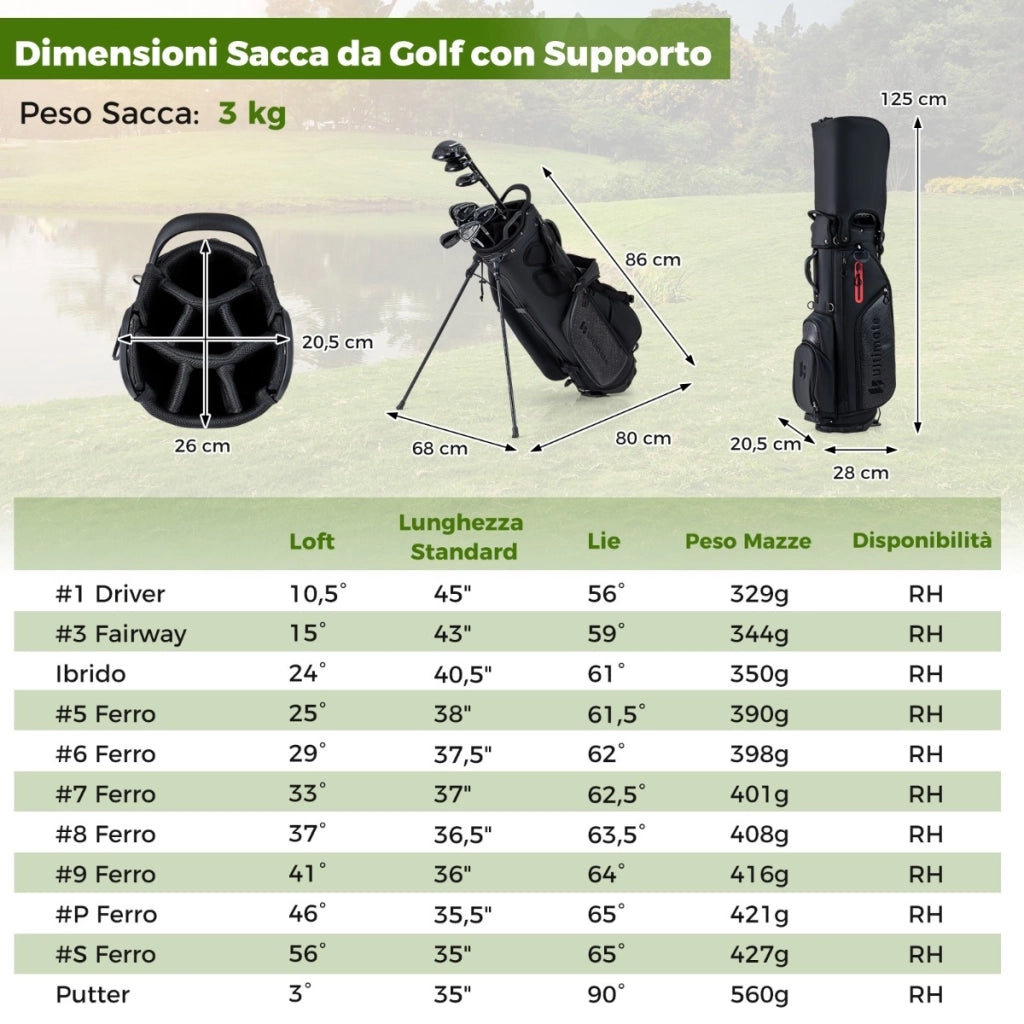 Set completo di mazze golf da uomo con borsa da golf portatile con supporto, Completo putter e copertura antipioggia