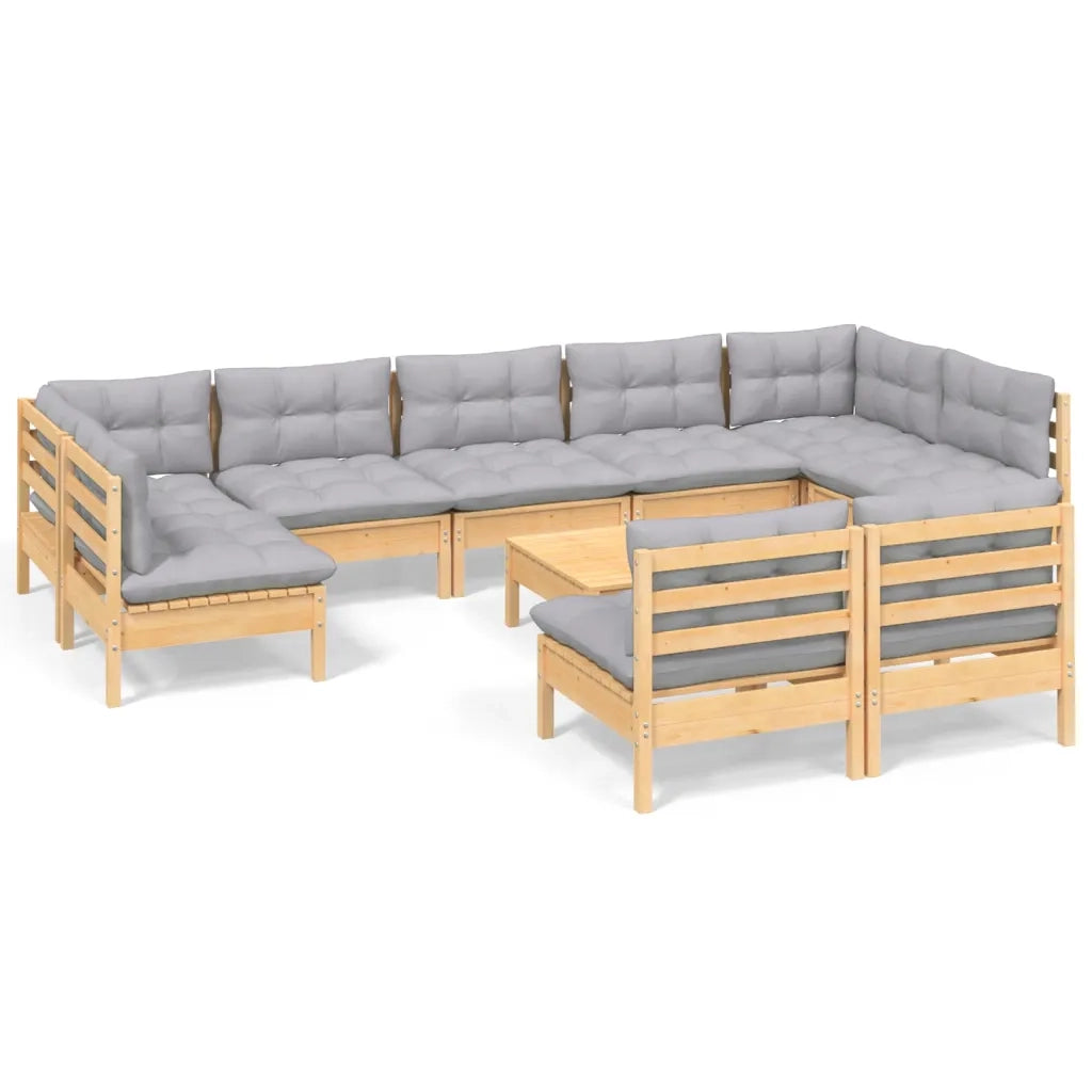 Set Divani da Giardino 10 pz con Cuscini Grigi Massello di Pino 3097204