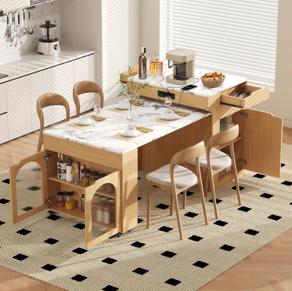 ISOLA CUCINA Estensibile con Ruote e Prese 55-153x80x93 cm Naturale