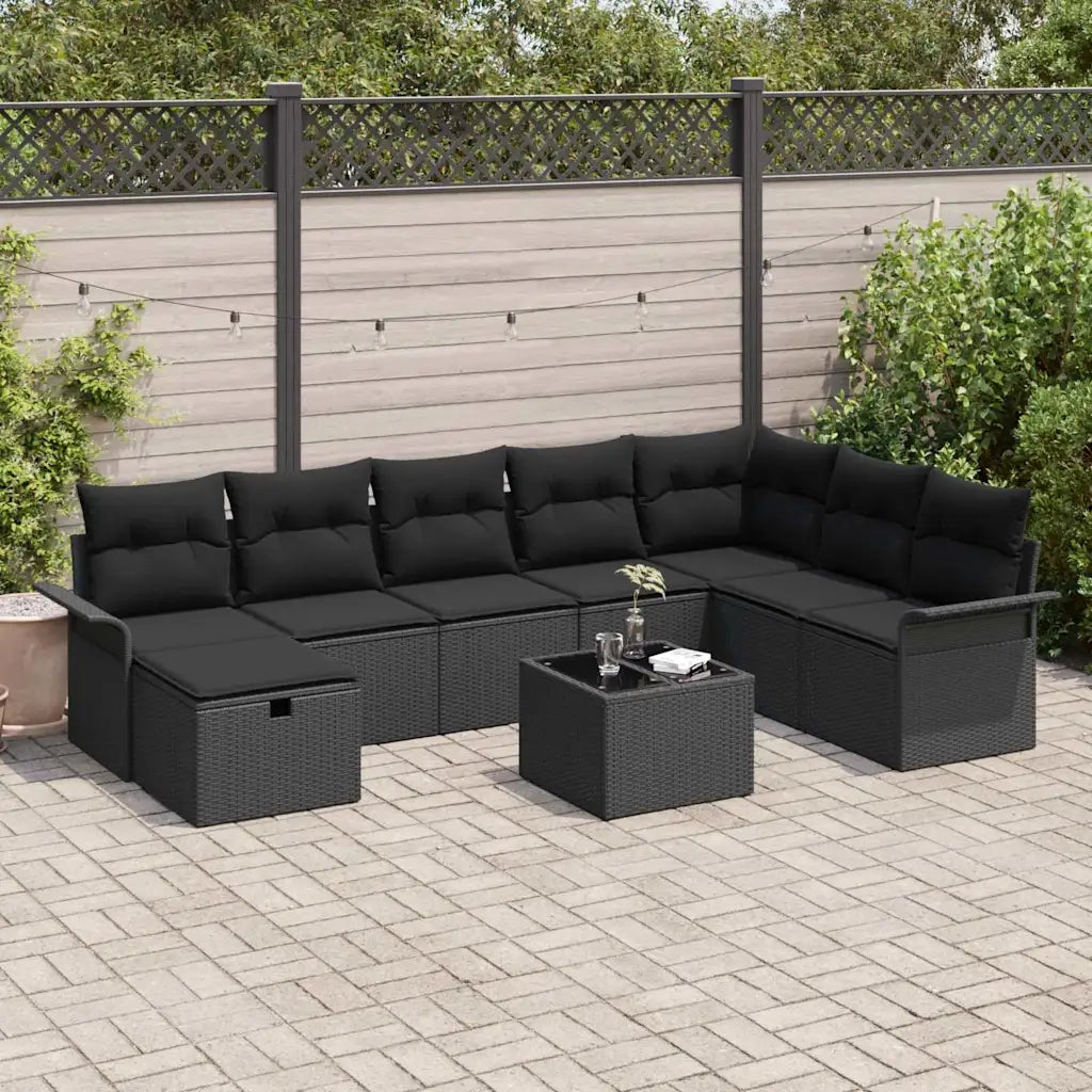 Set Divano da Giardino con cuscino 9 pcs Nero Poly Rattan