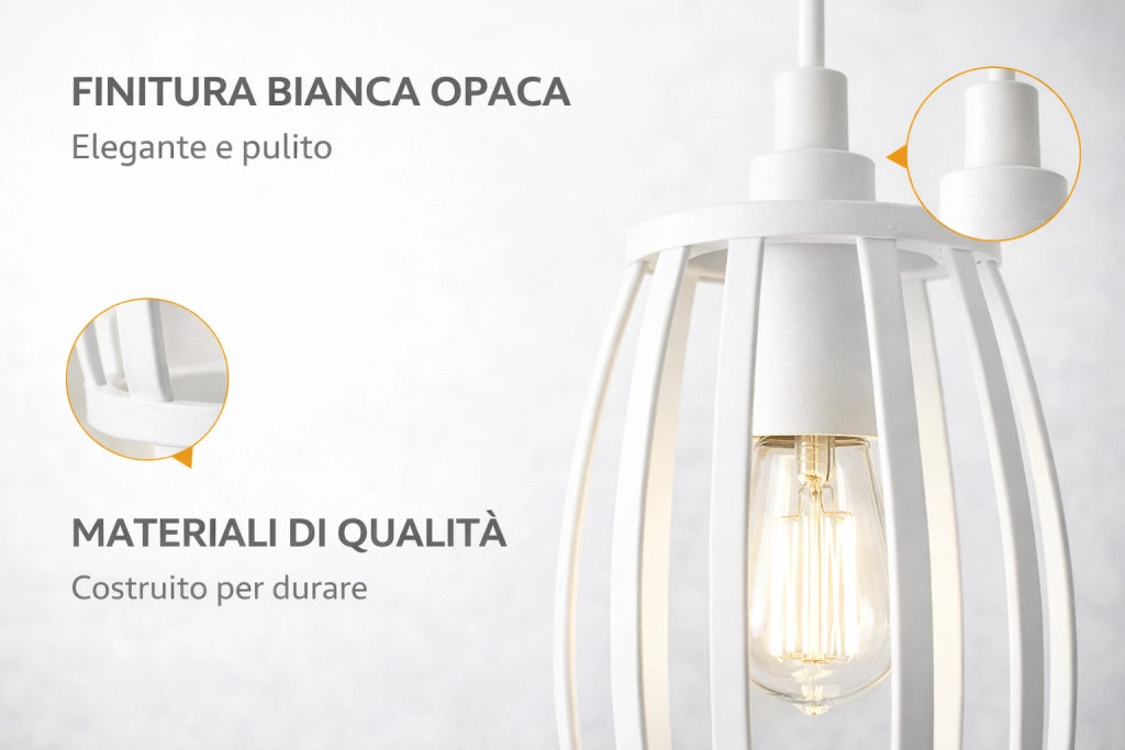 Lampadario Industriale a Sospensione E27 Bianco in Metallo, Gabbia Vintage, Lampada a Soffitto per Cucina Isola Soggiorno Ristorante, Lampadina Non Inclusa