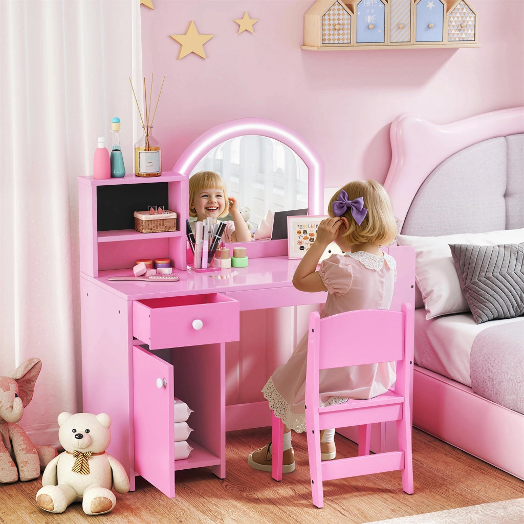 Tocador Bambini con Luce LED e Specchio ¨C Minimal ¨C Rosa, 1 Cassetto e 5 Ripiani
