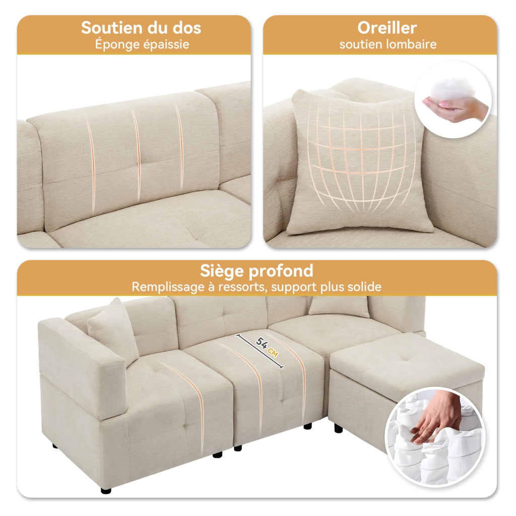 DIVANO MODULARE 3 POSTI 204x126x69 cm Chenille Beige con pouf contenitore e 2 cuscini
