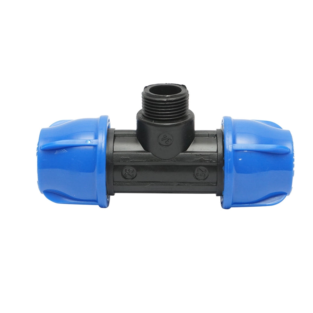 Quadrato a T di compressione con filettatura esterna maschio a 90 gradi D25x25mmx3/4, PN16 bar per sistemi di irrigazione